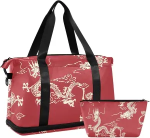 Dragon Design in Red Versatile Sports Travel Bag - Lasting Twill Tote, Removable Wheel & Rod Bagging, Multi-pocket Design, Complimentary Makeup Bag