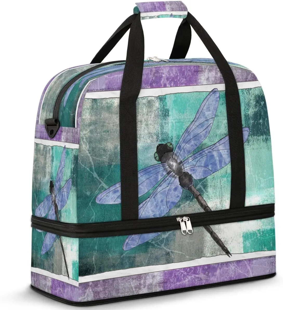 Dragonfly Watercolor Stripe Travel Duffel Bag, Travel Essentials, Gym Bag for Women, Weekender Overnight Bag With Shoes Compartment, Carry On Bags for Airplanes