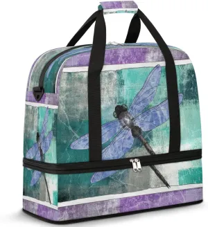 Dragonfly Watercolor Stripe Travel Duffel Bag, Travel Essentials, Gym Bag for Women, Weekender Overnight Bag With Shoes Compartment, Carry On Bags for Airplanes