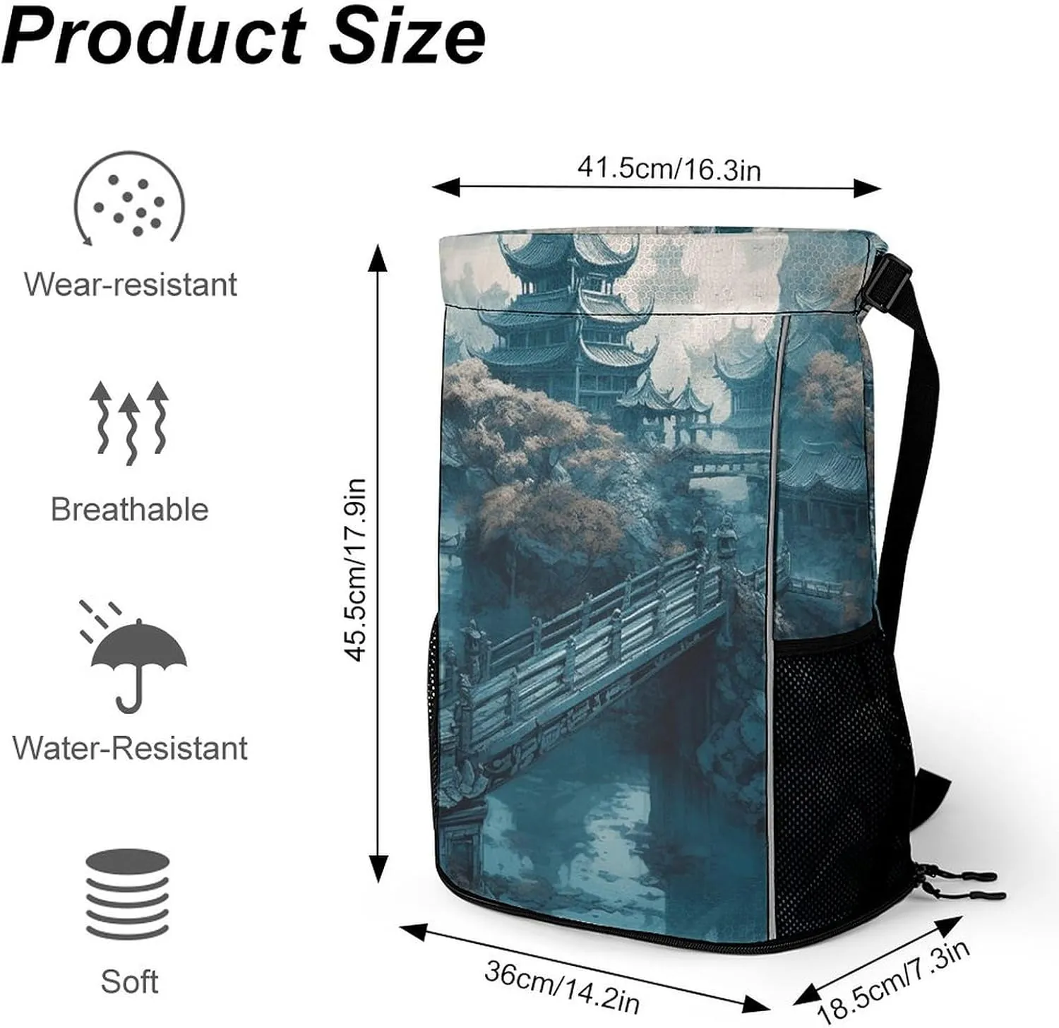 Drawstring Backpack Sports Gym Bag Resistant Sackpack Asian Style Painting String Bag for Women Men