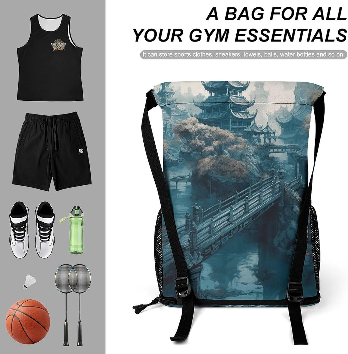 Drawstring Backpack Sports Gym Bag Resistant Sackpack Asian Style Painting String Bag for Women Men