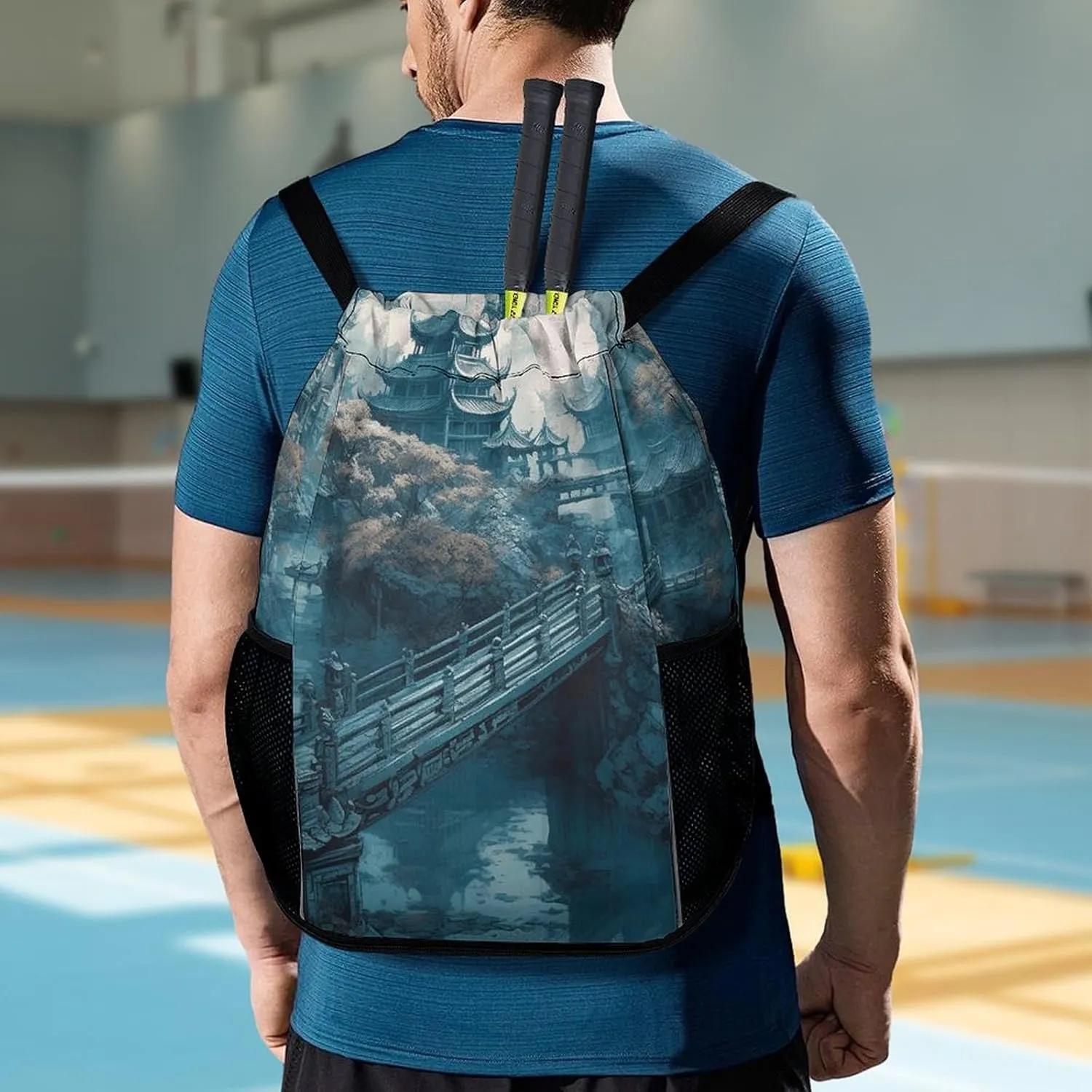Drawstring Backpack Sports Gym Bag Resistant Sackpack Asian Style Painting String Bag for Women Men