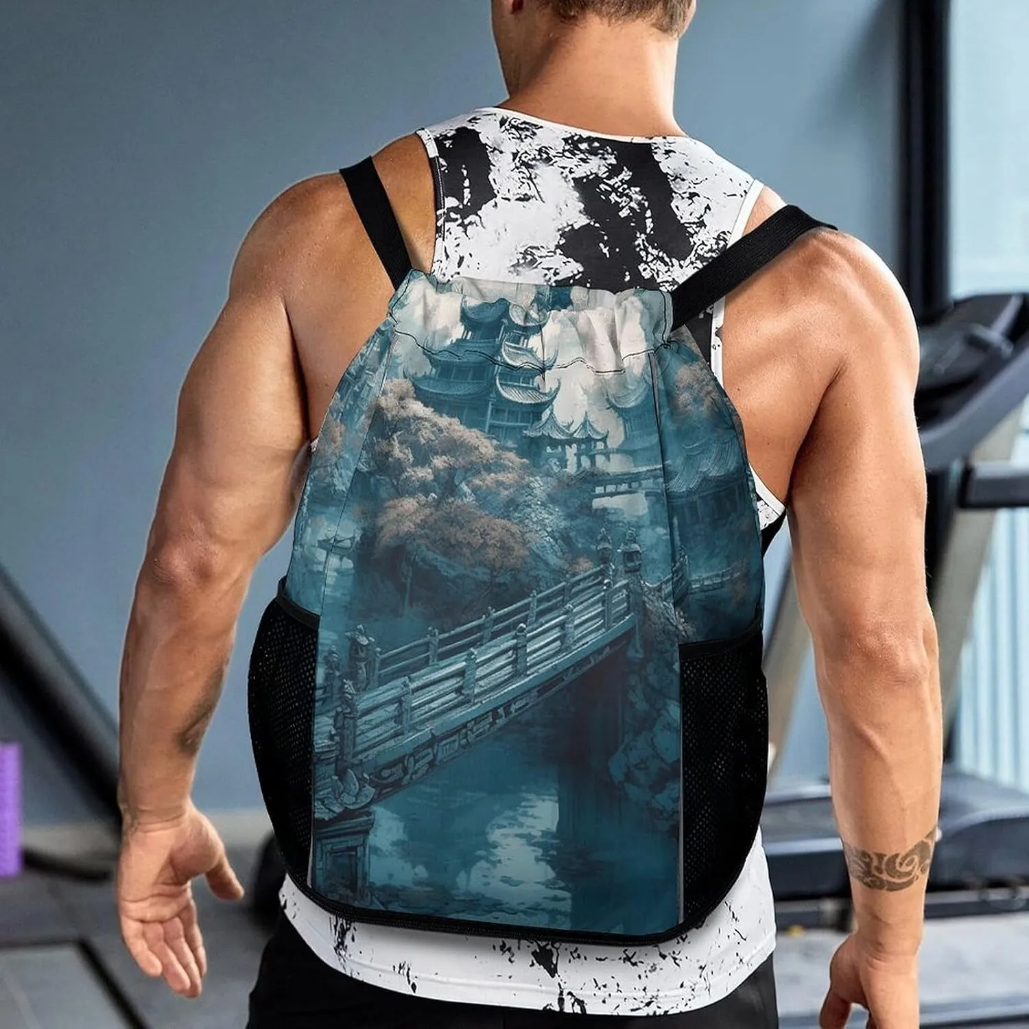 Drawstring Backpack Sports Gym Bag Resistant Sackpack Asian Style Painting String Bag for Women Men
