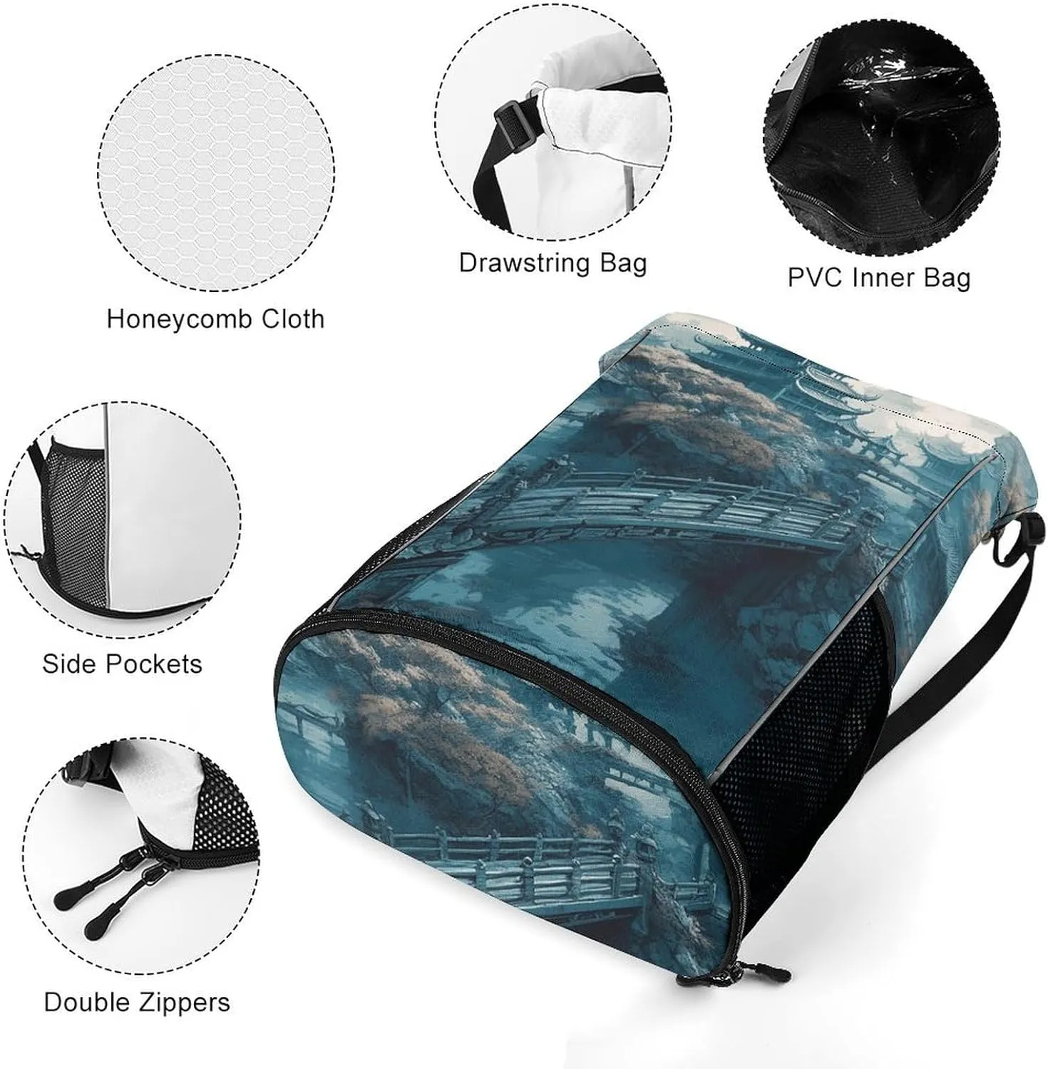 Drawstring Backpack Sports Gym Bag Resistant Sackpack Asian Style Painting String Bag for Women Men