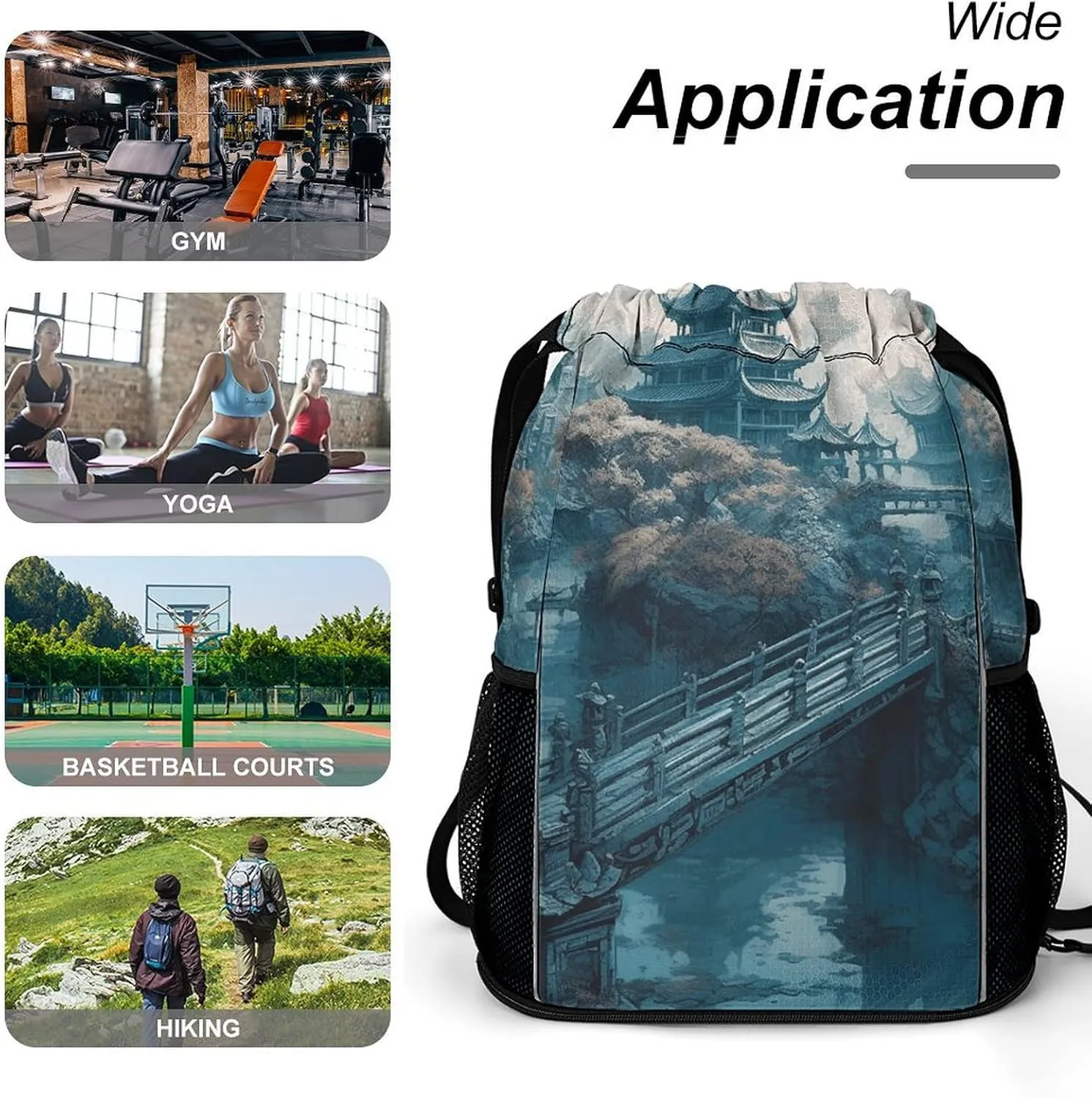 Drawstring Backpack Sports Gym Bag Resistant Sackpack Asian Style Painting String Bag for Women Men