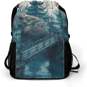 Drawstring Backpack Sports Gym Bag Resistant Sackpack Asian Style Painting String Bag for Women Men