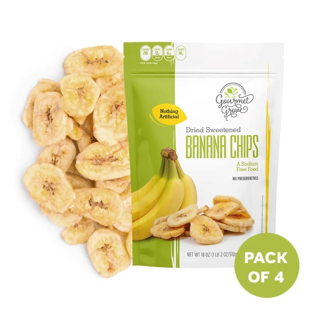 Dried Banana Chips 18 oz (4 Pack) - 4.5 Pound | Sweetened Fruit Slices | Vegan, Keto-Friendly, Kosher Snack | Perfect for Cereal, Salads & Trail Mix | Tasty, Natural, Preservative-Free | 4 Pack | Gourmet Grove