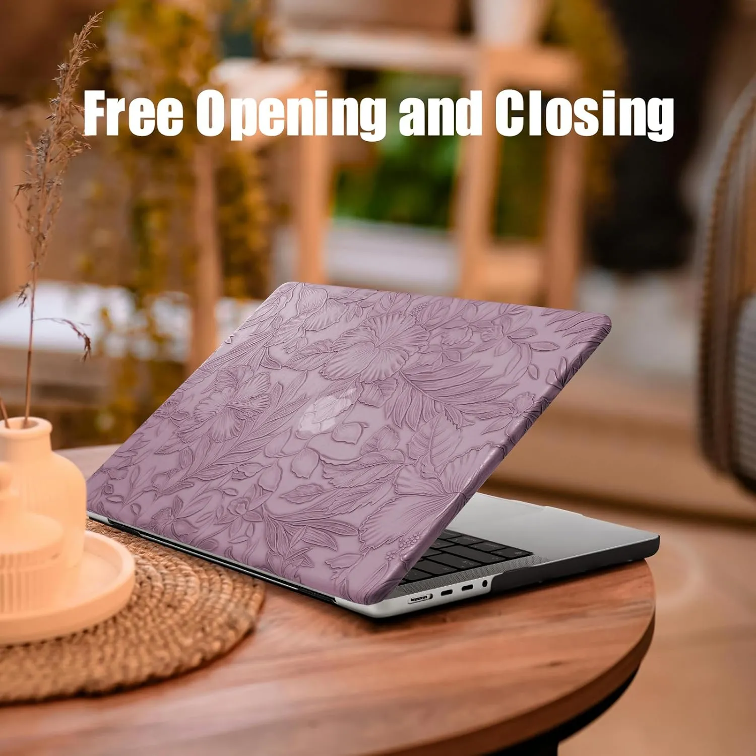 DTangLsm Compatible for MacBook Pro 14 inch Case 2024-2021 M4 M3 M2 M1 Pro Max A3112 A3185 A3401 A2918 A2992 A2779 A2442, Embossed Floral Texture Faux Leather Hard Shell Case&Keyboard Cover, Lilac