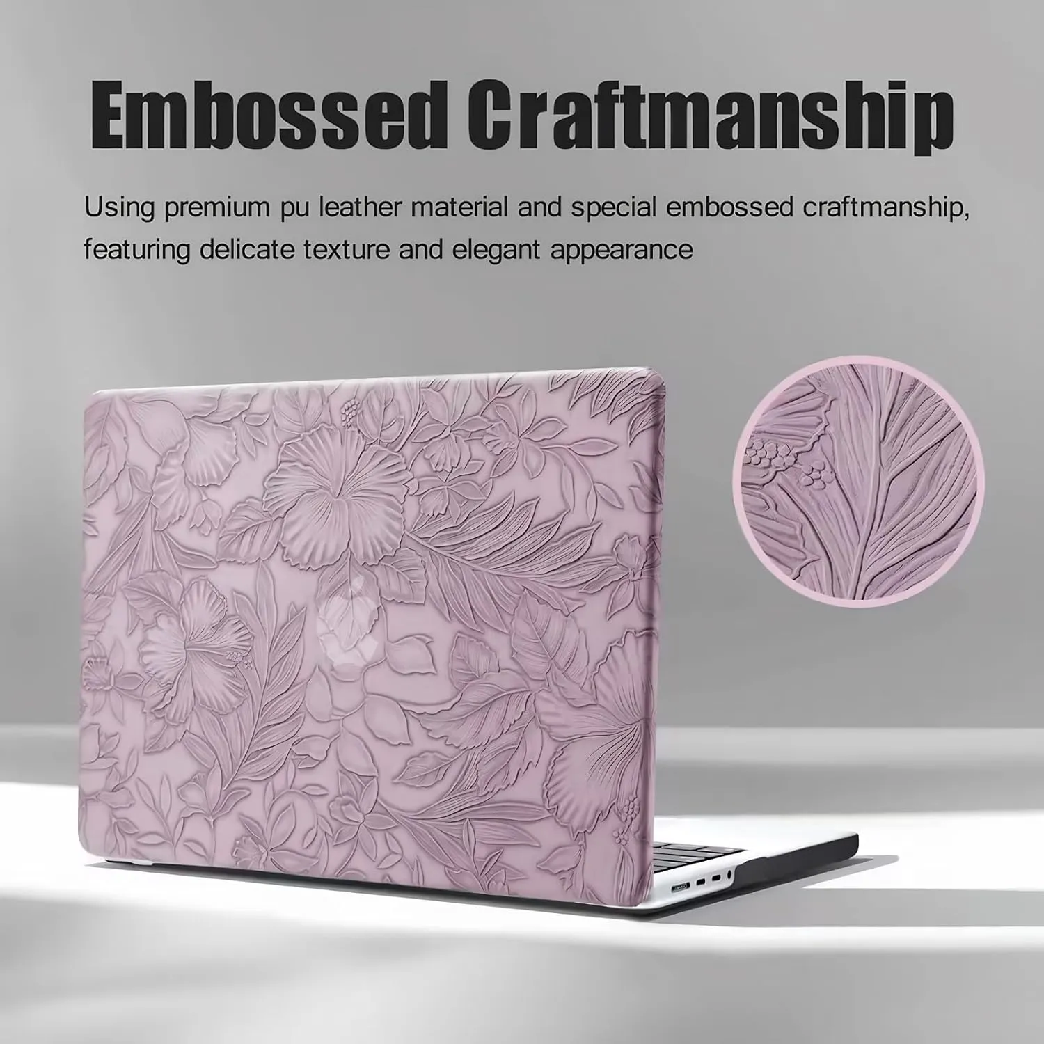 DTangLsm Compatible for MacBook Pro 14 inch Case 2024-2021 M4 M3 M2 M1 Pro Max A3112 A3185 A3401 A2918 A2992 A2779 A2442, Embossed Floral Texture Faux Leather Hard Shell Case&Keyboard Cover, Lilac