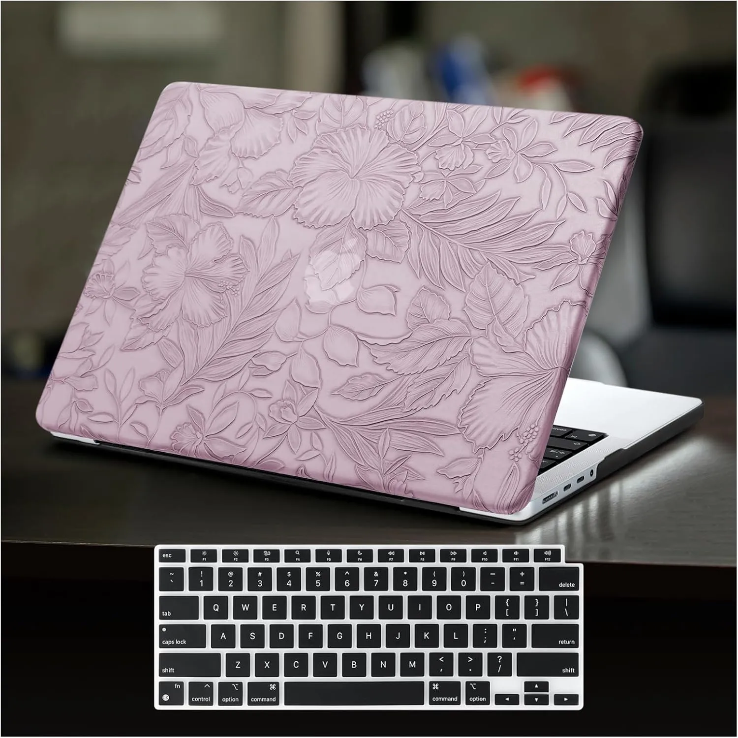 DTangLsm Compatible for MacBook Pro 14 inch Case 2024-2021 M4 M3 M2 M1 Pro Max A3112 A3185 A3401 A2918 A2992 A2779 A2442, Embossed Floral Texture Faux Leather Hard Shell Case&Keyboard Cover, Lilac