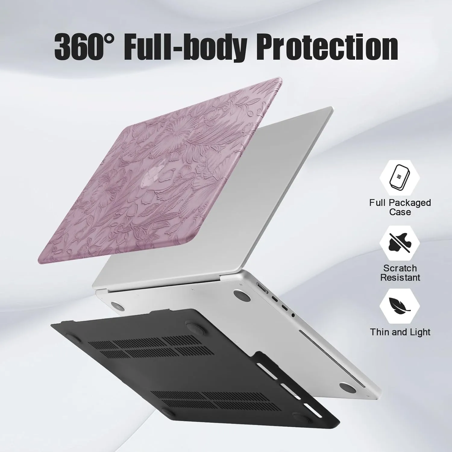 DTangLsm Compatible for MacBook Pro 14 inch Case 2024-2021 M4 M3 M2 M1 Pro Max A3112 A3185 A3401 A2918 A2992 A2779 A2442, Embossed Floral Texture Faux Leather Hard Shell Case&Keyboard Cover, Lilac