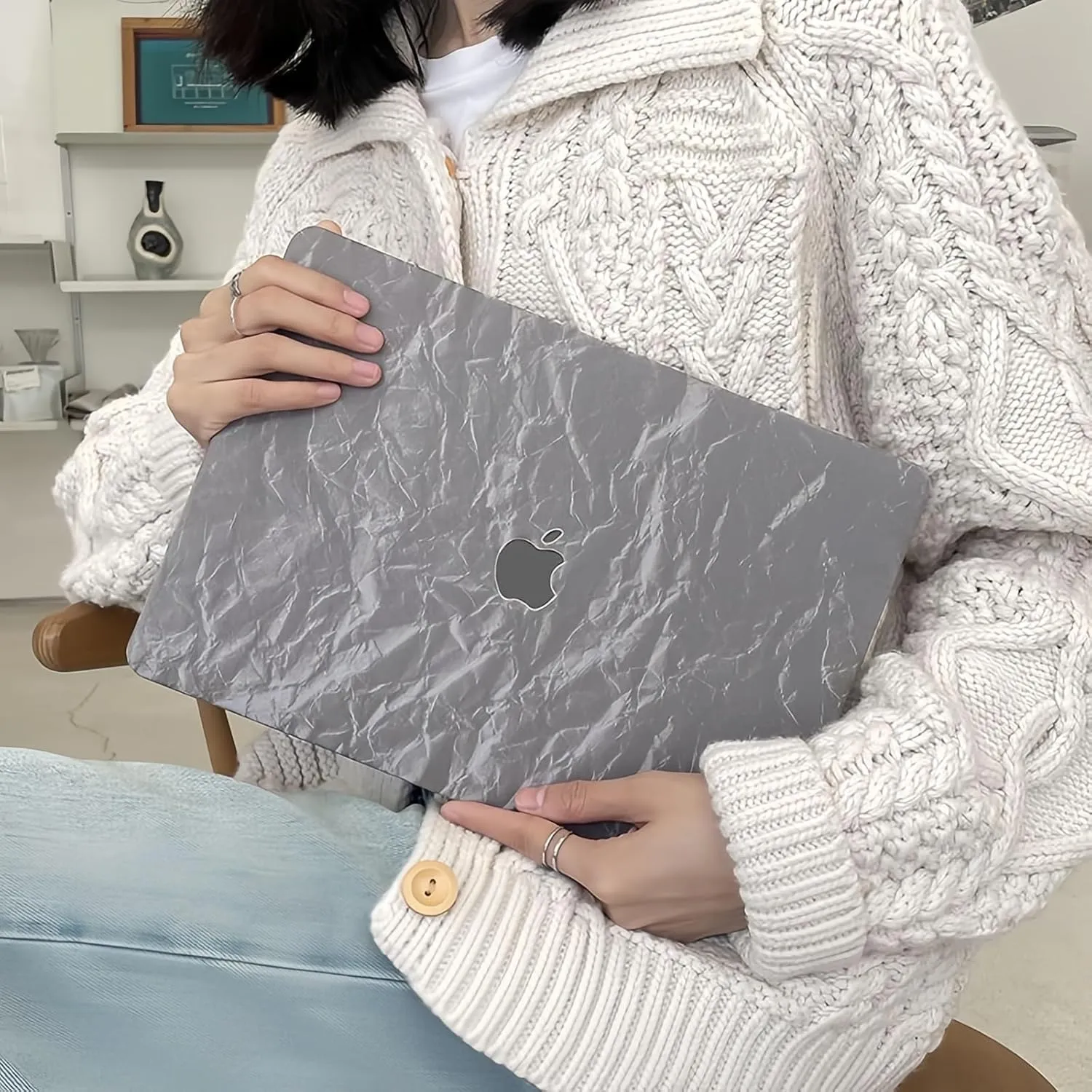 DTangLsm Compatible with MacBook Air 13 inch Case 2022 2021 2020-2018 Release M1 A2337 A2179 A1932 Faux Leather Hard Shell Plastic Case&Keyboard Cover Fit Mac Air 13 inch with Touch ID, Wrinkled Grey