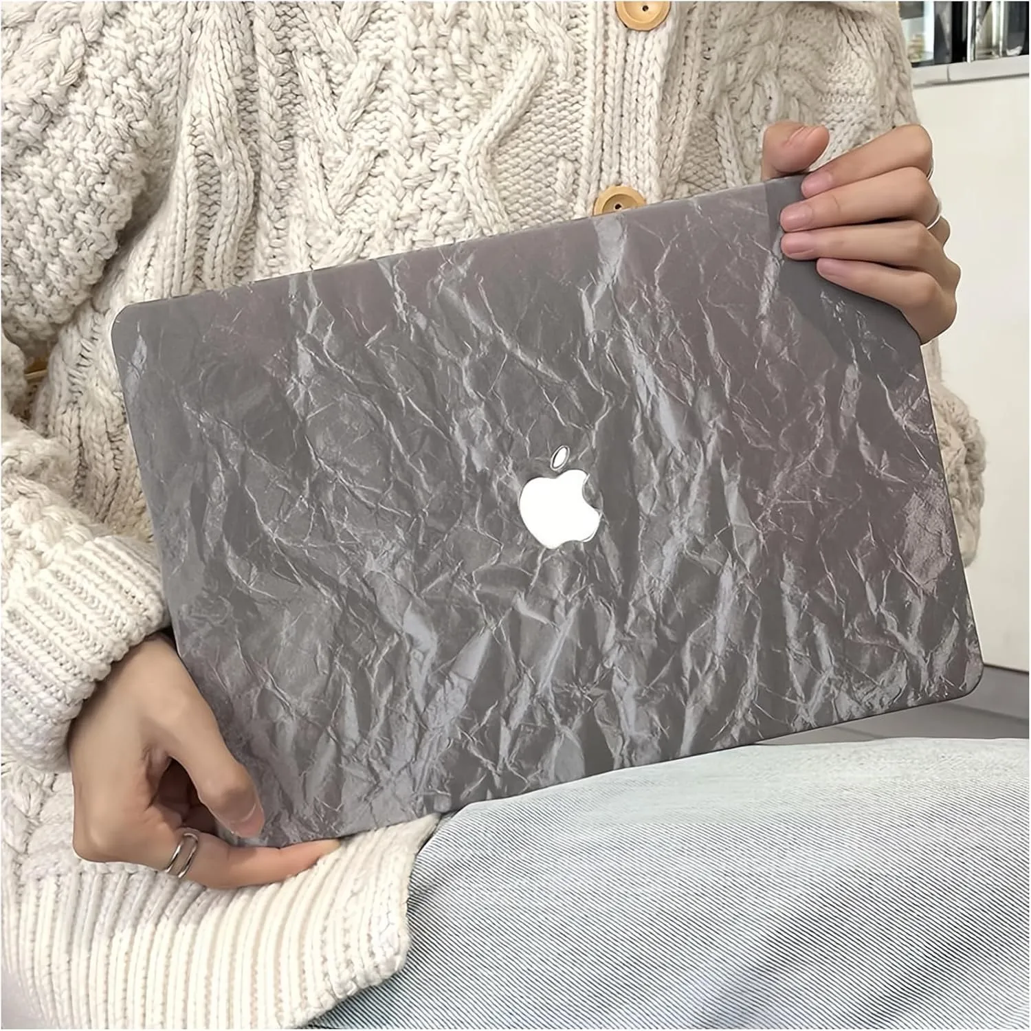 DTangLsm Compatible with MacBook Air 13 inch Case 2022 2021 2020-2018 Release M1 A2337 A2179 A1932 Faux Leather Hard Shell Plastic Case&Keyboard Cover Fit Mac Air 13 inch with Touch ID, Wrinkled Grey