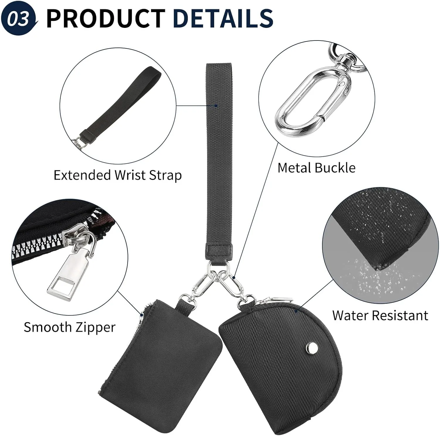 Dual Pouch Wristlet Wallets For Women, Coin Purse Zip Around Wristlet Pouch, Portable Zipper Wristlet Nylon for Daily Travel Walking, Black