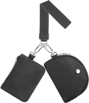 Dual Pouch Wristlet Wallets For Women, Coin Purse Zip Around Wristlet Pouch, Portable Zipper Wristlet Nylon for Daily Travel Walking, Black