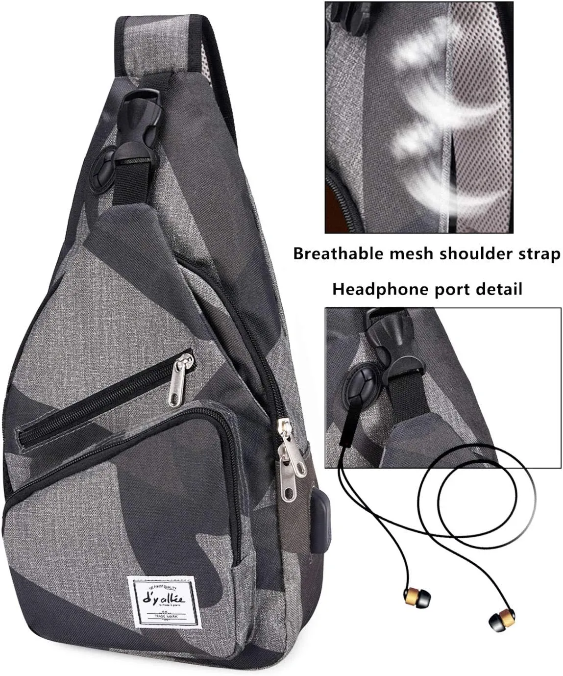 d'yallee 15.4" Sling Bag for Men Crossbody Shoulder Chest Bags Nylon for Travel Gym Sport Hiking with USB Charger Port …