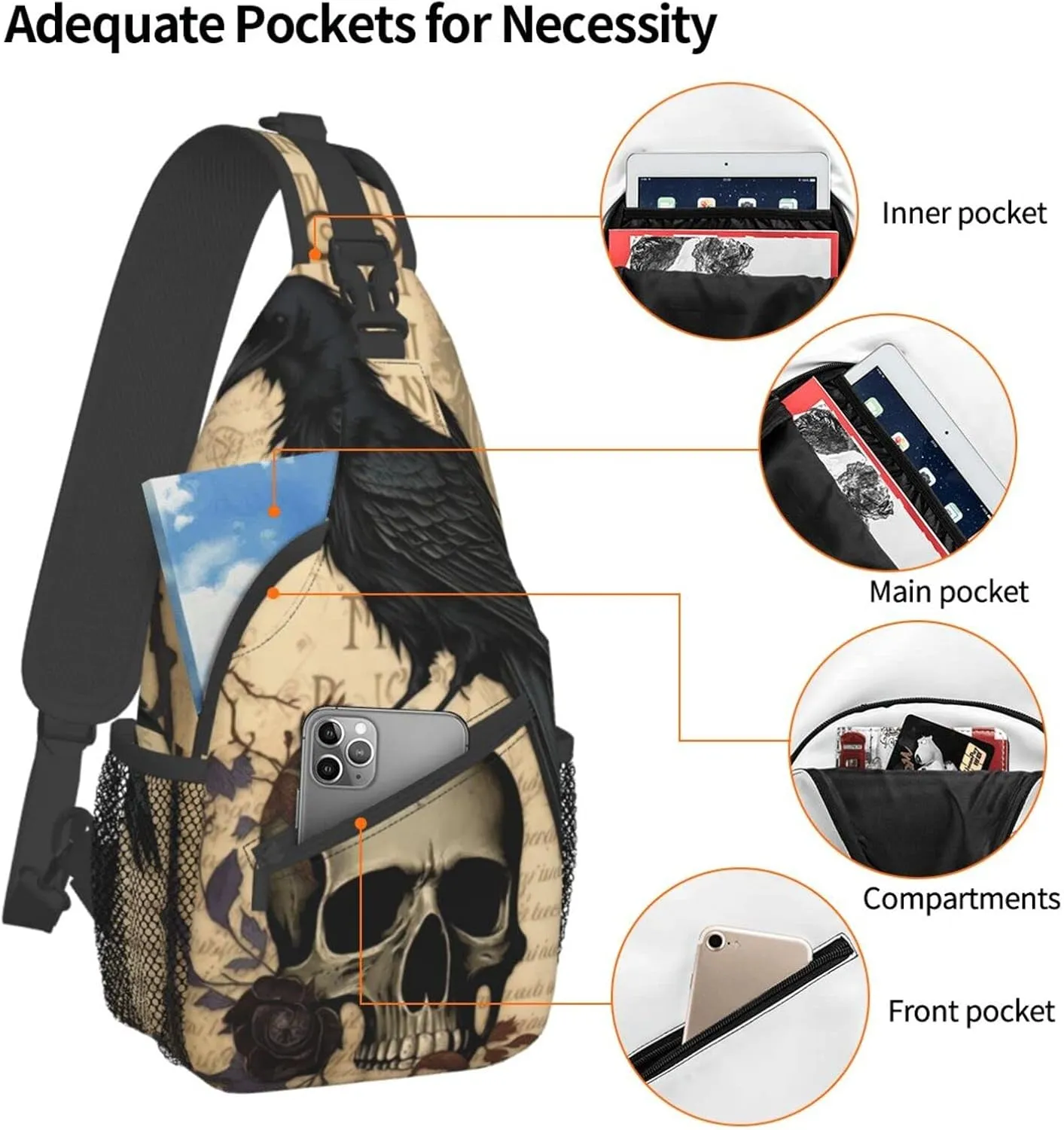 Edgar Allan Poe The Raven Skull Outdoor Cross-body Shoulder Bag, Unisex Backpack For Women Men Young Hiking Travel