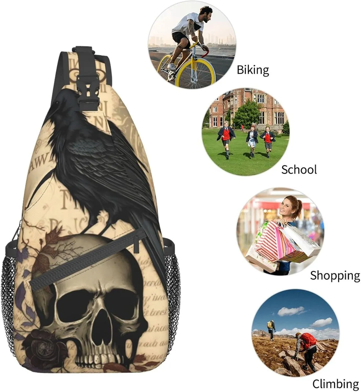 Edgar Allan Poe The Raven Skull Outdoor Cross-body Shoulder Bag, Unisex Backpack For Women Men Young Hiking Travel
