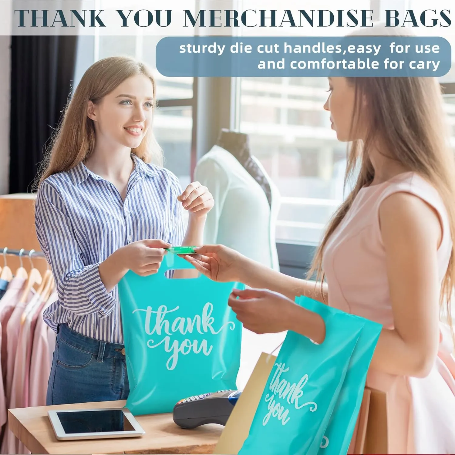 Eersida 200 Pcs Thank You Plastic Bags with Handles Die Cut Plastic Shopping Merchandise Bags Bulk 3 Sizes Retail Grocery Shopping Pack for Small Business Goodie Wedding Party(Turquoise)