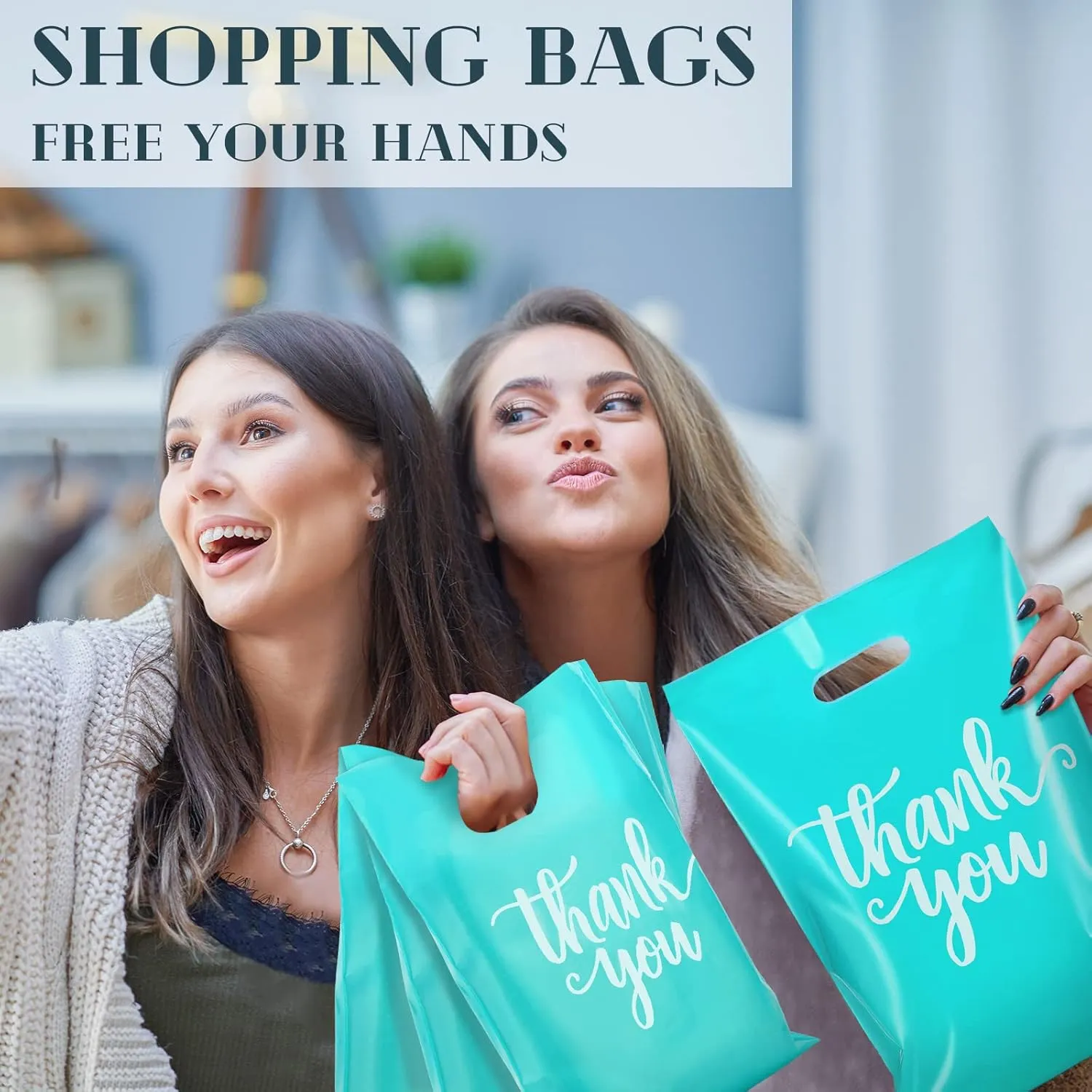 Eersida 200 Pcs Thank You Plastic Bags with Handles Die Cut Plastic Shopping Merchandise Bags Bulk 3 Sizes Retail Grocery Shopping Pack for Small Business Goodie Wedding Party(Turquoise)