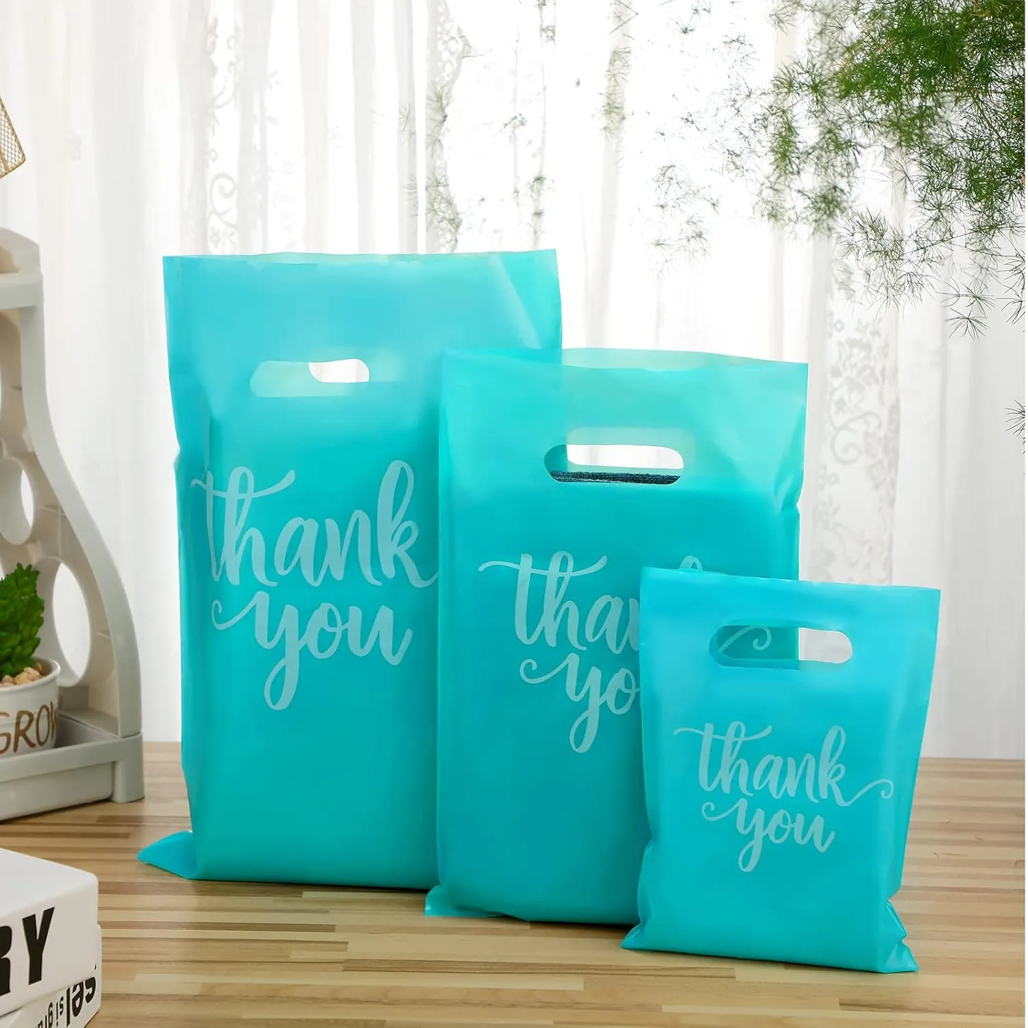 Eersida 200 Pcs Thank You Plastic Bags with Handles Die Cut Plastic Shopping Merchandise Bags Bulk 3 Sizes Retail Grocery Shopping Pack for Small Business Goodie Wedding Party(Turquoise)