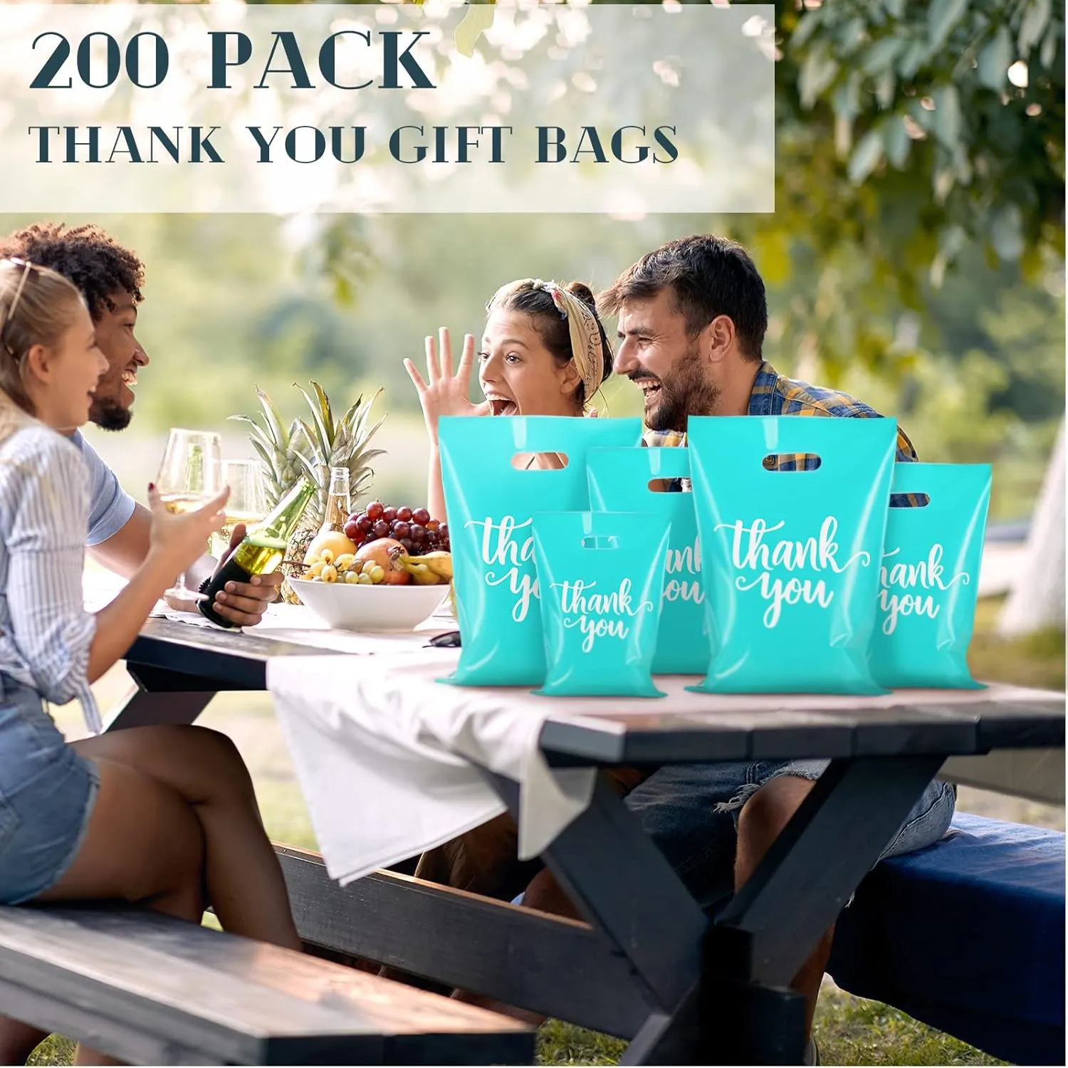 Eersida 200 Pcs Thank You Plastic Bags with Handles Die Cut Plastic Shopping Merchandise Bags Bulk 3 Sizes Retail Grocery Shopping Pack for Small Business Goodie Wedding Party(Turquoise)