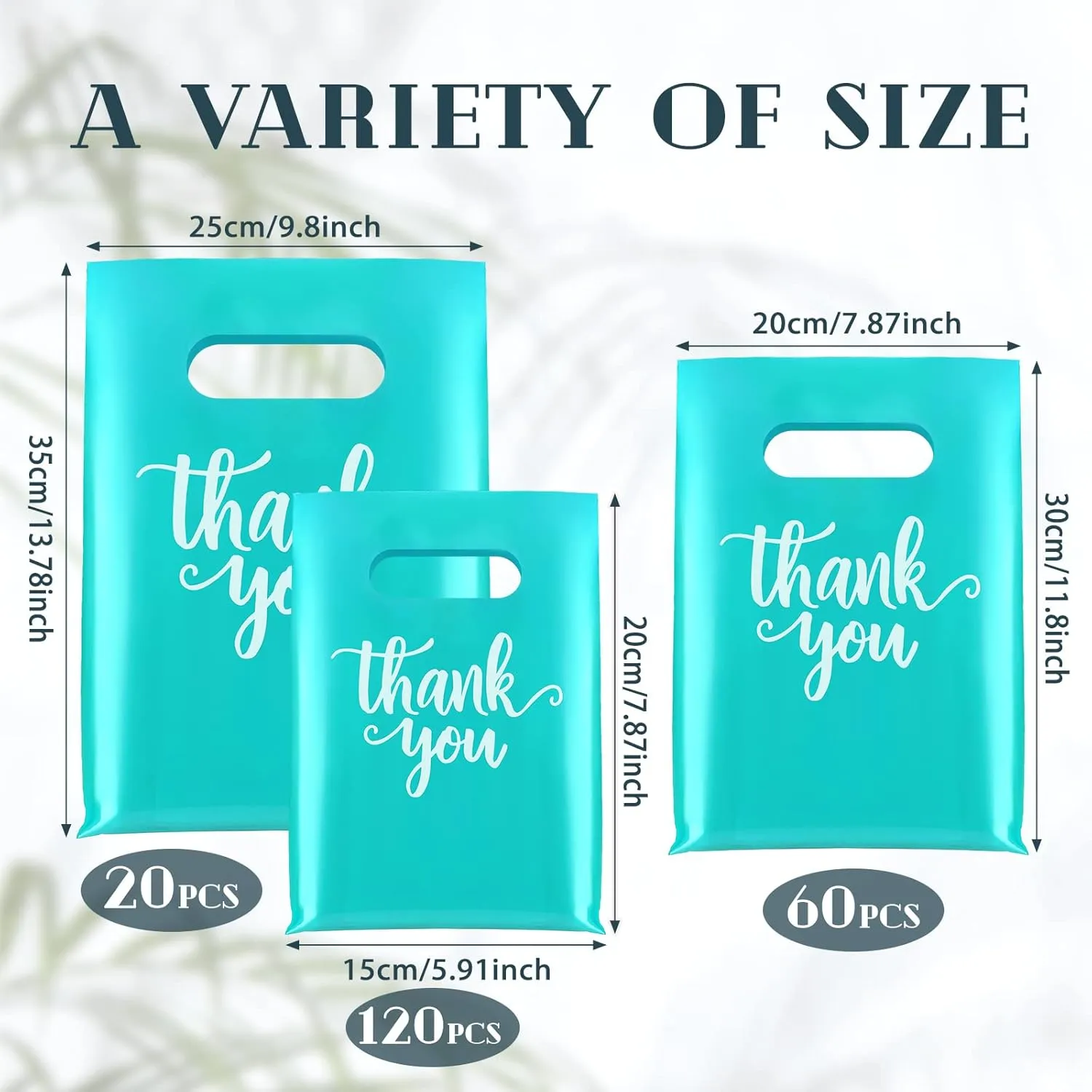 Eersida 200 Pcs Thank You Plastic Bags with Handles Die Cut Plastic Shopping Merchandise Bags Bulk 3 Sizes Retail Grocery Shopping Pack for Small Business Goodie Wedding Party(Turquoise)