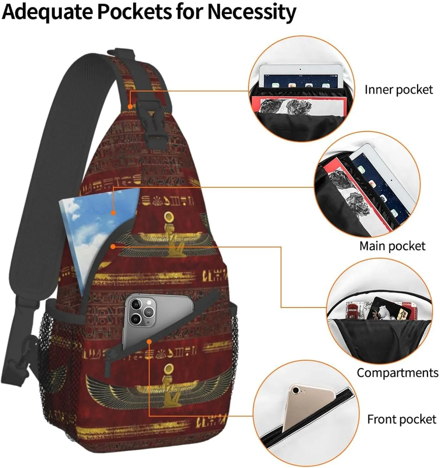 Egyptian Notes Crossbody Bag Hieroglyphs Shoulder Bag Backpack Ancient Egyptian Sling Bag Chest Casual Daypack