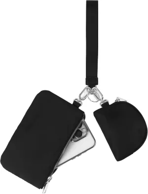 EKOLE Mini Zip Around Wristlet Keychain Wallet for Women Detachable Dual Pouch Wristlet Portable Phone Coin Purse Coin Pocket (Black Silver)