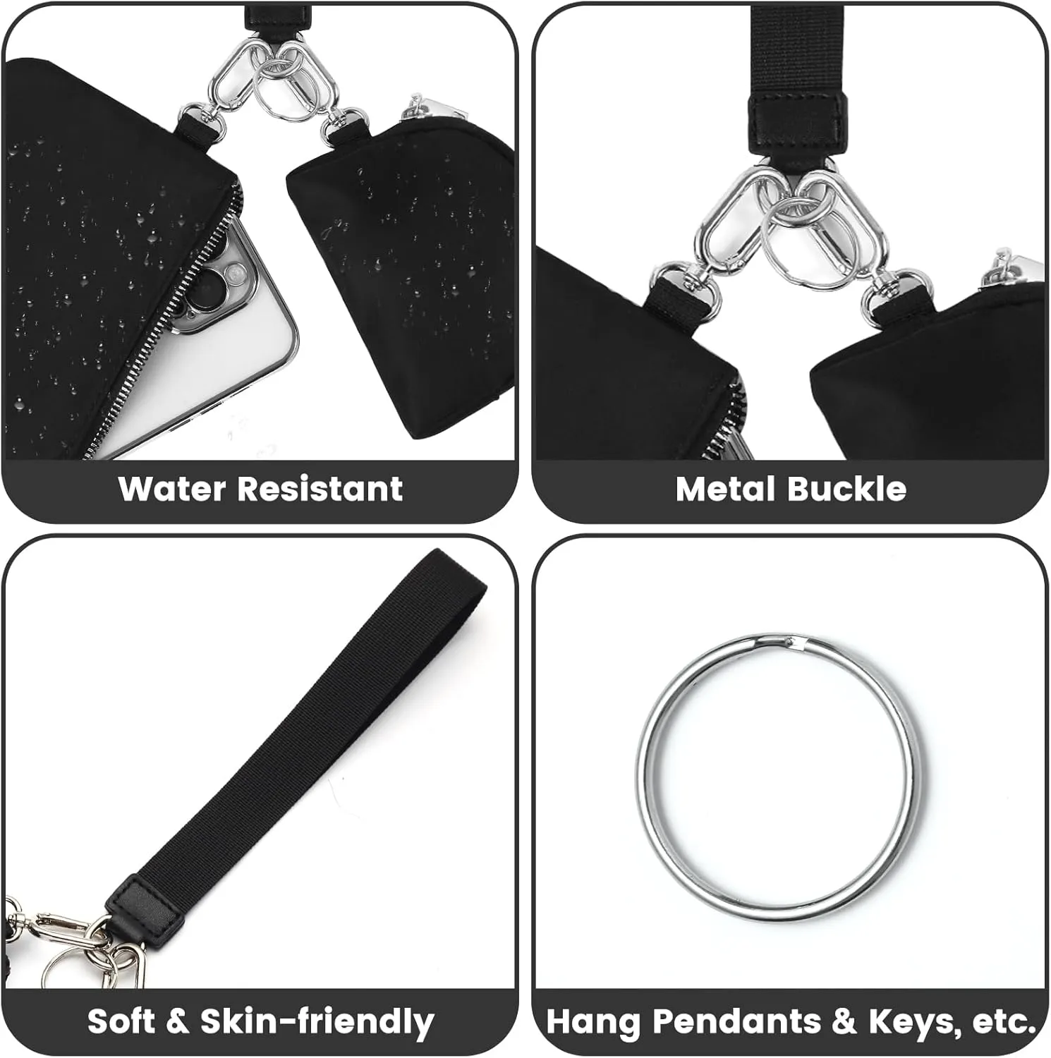 EKOLE Mini Zip Around Wristlet Keychain Wallet for Women Detachable Dual Pouch Wristlet Portable Phone Coin Purse Coin Pocket (Black Silver)