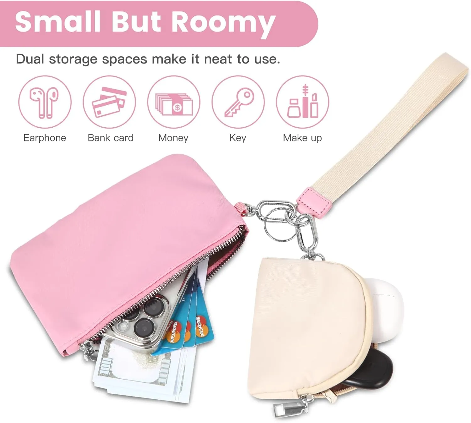 EKOLE Mini Zip Around Wristlet Keychain Wallet for Women Detachable Dual Pouch Wristlet Portable Phone Coin Purse Coin Pocket (Pink White)
