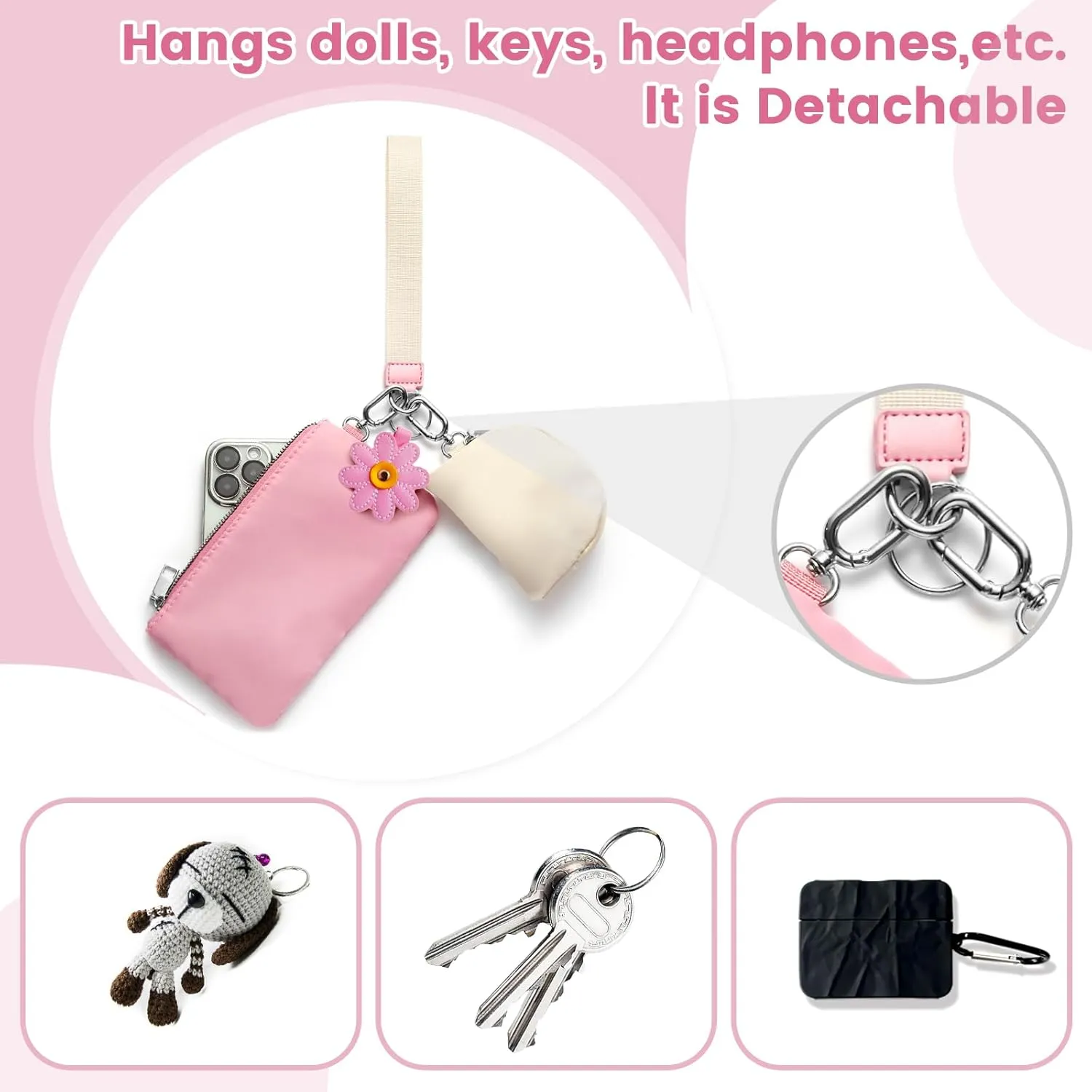 EKOLE Mini Zip Around Wristlet Keychain Wallet for Women Detachable Dual Pouch Wristlet Portable Phone Coin Purse Coin Pocket (Pink White)