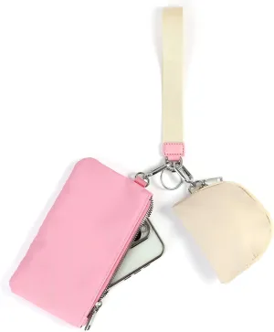 EKOLE Mini Zip Around Wristlet Keychain Wallet for Women Detachable Dual Pouch Wristlet Portable Phone Coin Purse Coin Pocket (Pink White)