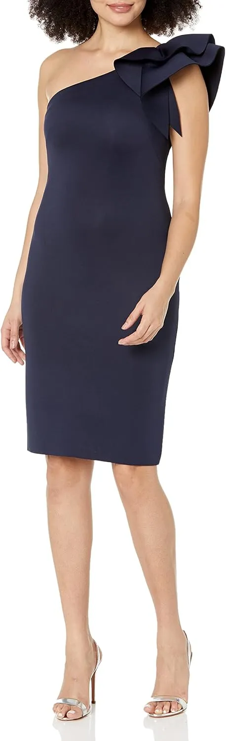 Eliza J Women's One Shoulder Scuba Cocktail Dress with Ruffle Sleeve