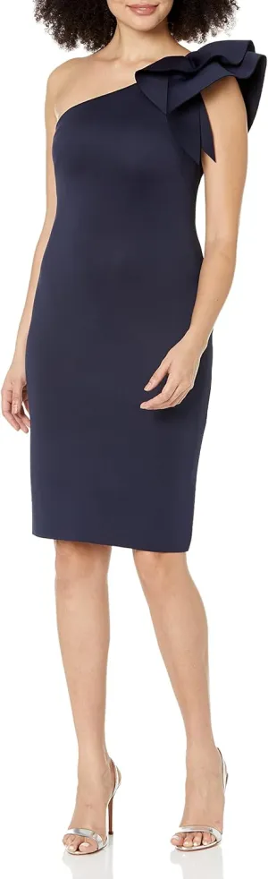 Eliza J Women's One Shoulder Scuba Cocktail Dress with Ruffle Sleeve