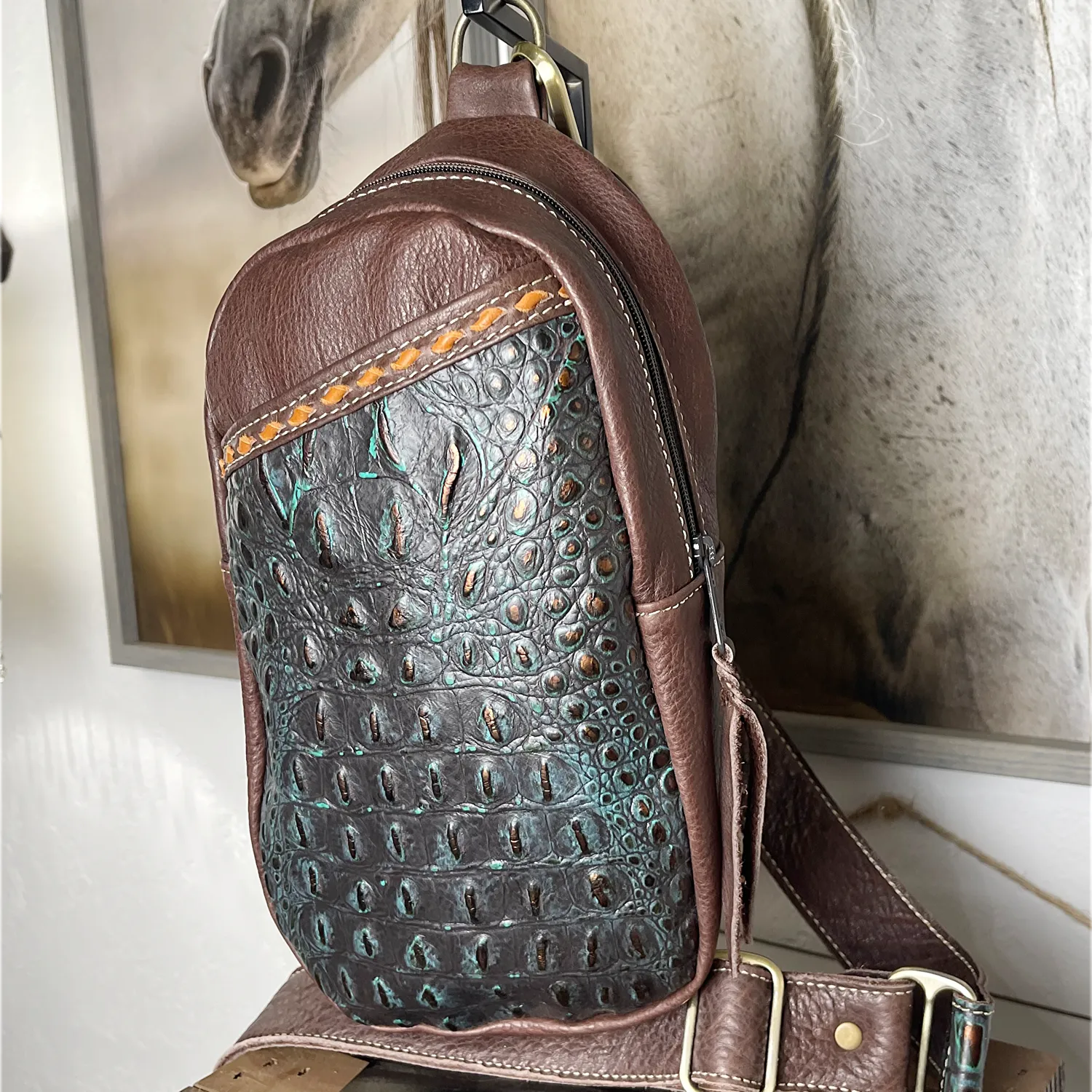 Embossed Croc Sling Bag/Cross Body Purse/Handmade Leather Bag MM038
