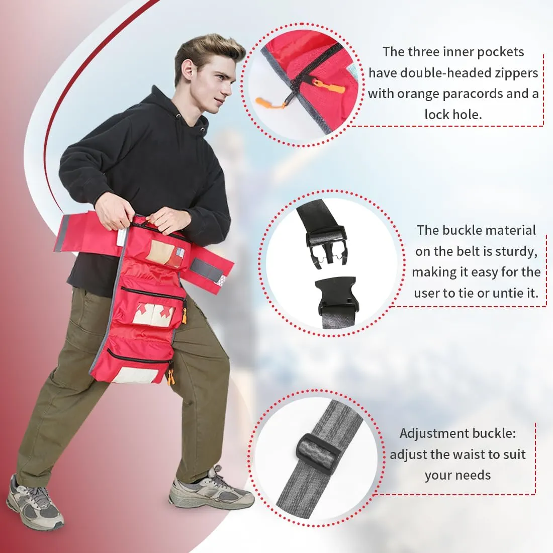 Empty First Aid Waist Bag Molle Medical Pouch with Belt, EMS Fanny Pack with Three-piece System,IFAK Medical Bag for Camping,Hiking or Traveling (Red)