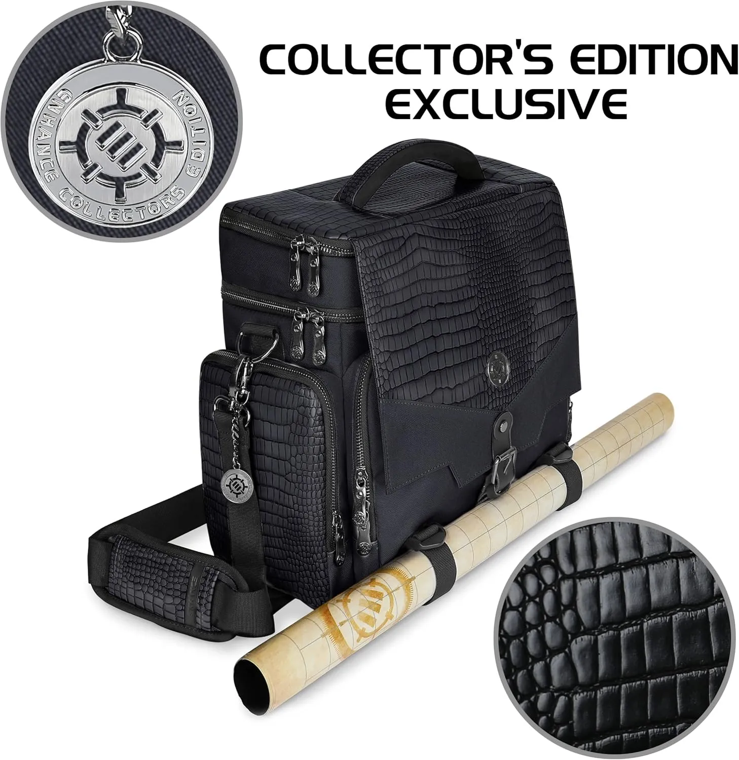 ENHANCE Collector's Edition RPG Adventurer's DND Bag - Dragon Hide Exterior Travel RPG Bag with Tabletop Miniatures Storage Vault, Mat Holder, DND Dice & Token Pockets, Fits 4-8 Books (Dragon Black)