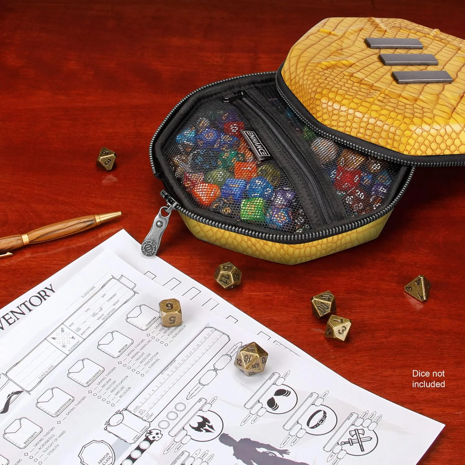 ENHANCE DND Dice Tray and Case - Collector's Edition DND Dice Holder up to 150 D&D Shakers with Hard Shell Exterior and Protective Soft Interior - Rolling Tray Perfect for Game Night (Dragon Gold)