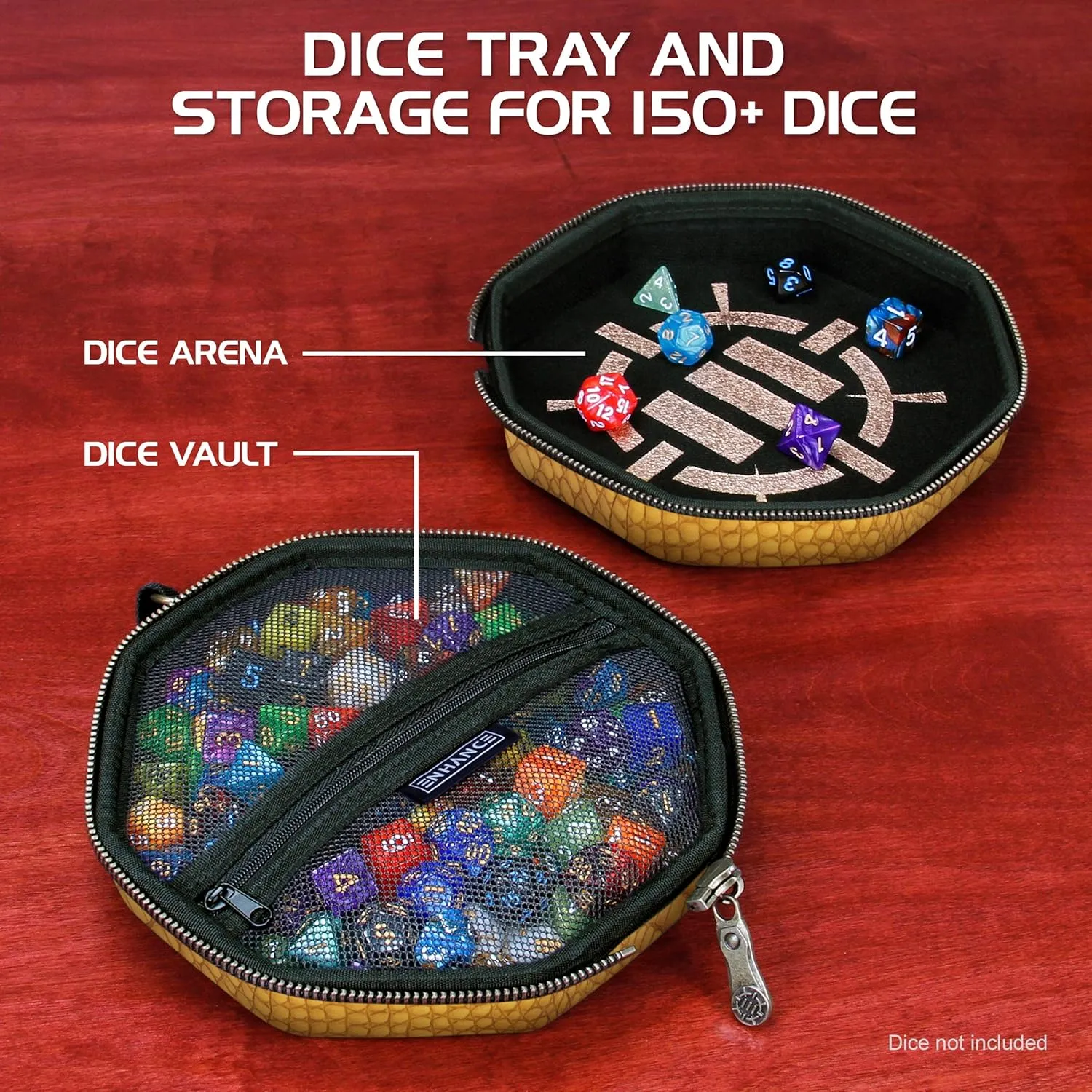 ENHANCE DND Dice Tray and Case - Collector's Edition DND Dice Holder up to 150 D&D Shakers with Hard Shell Exterior and Protective Soft Interior - Rolling Tray Perfect for Game Night (Dragon Gold)