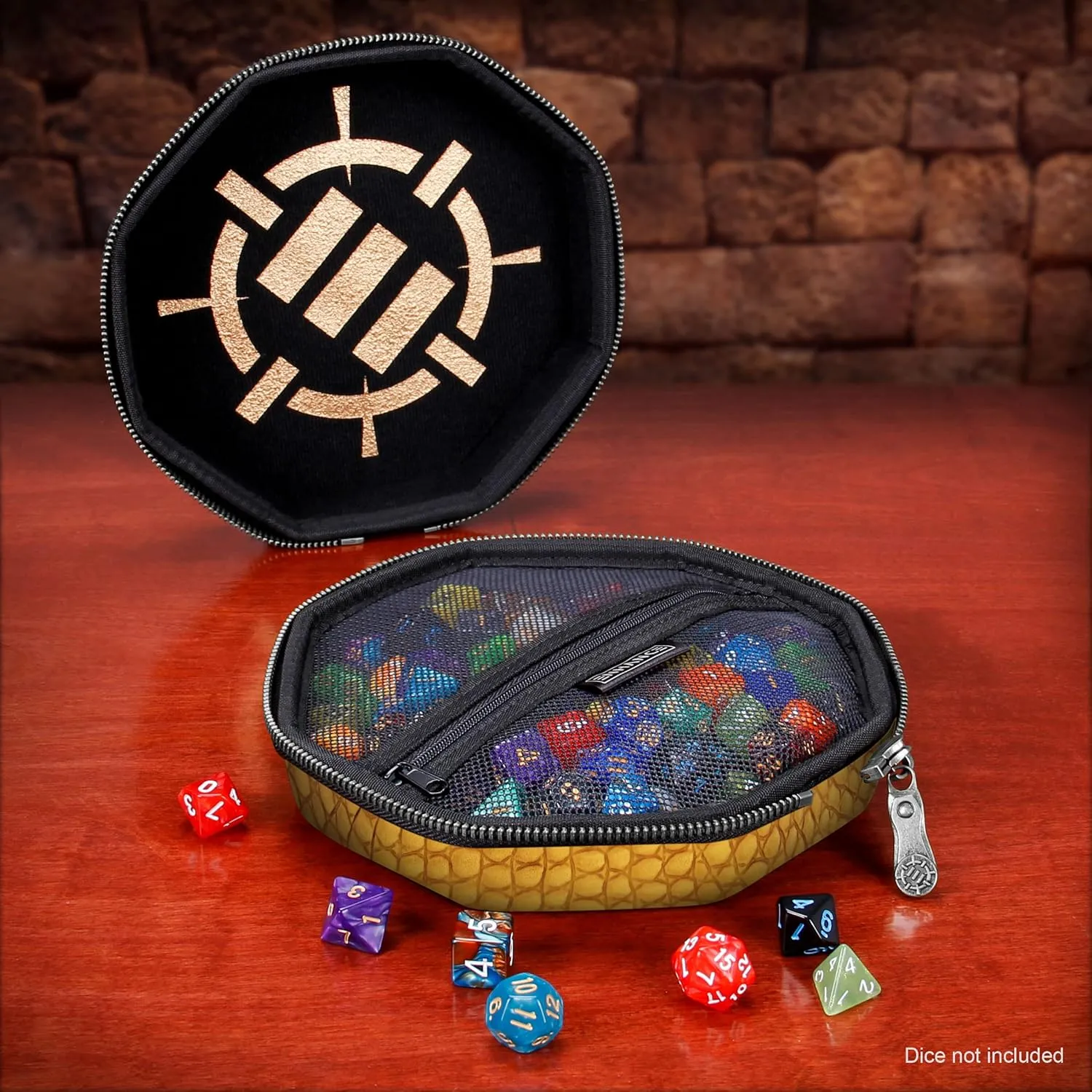 ENHANCE DND Dice Tray and Case - Collector's Edition DND Dice Holder up to 150 D&D Shakers with Hard Shell Exterior and Protective Soft Interior - Rolling Tray Perfect for Game Night (Dragon Gold)