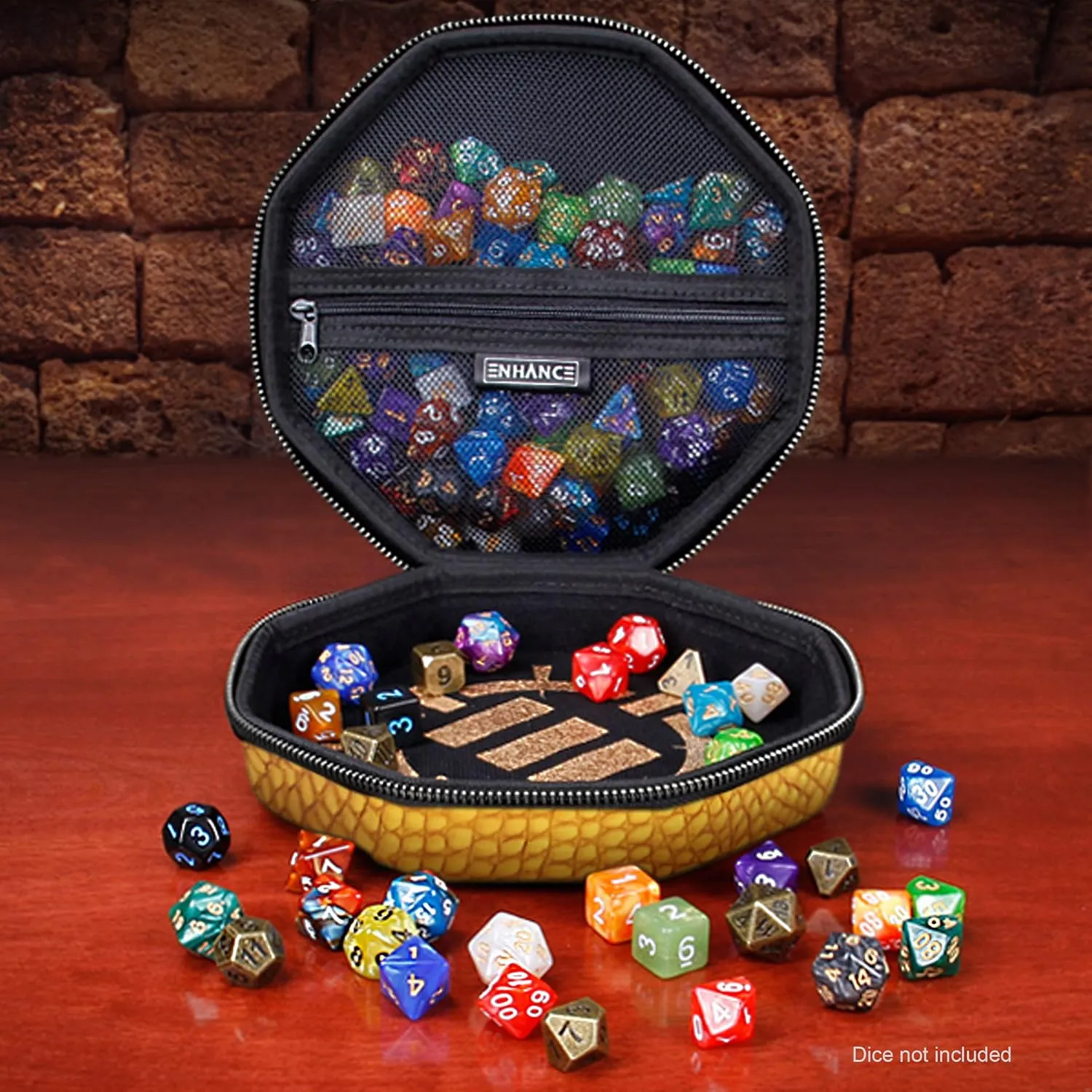 ENHANCE DND Dice Tray and Case - Collector's Edition DND Dice Holder up to 150 D&D Shakers with Hard Shell Exterior and Protective Soft Interior - Rolling Tray Perfect for Game Night (Dragon Gold)