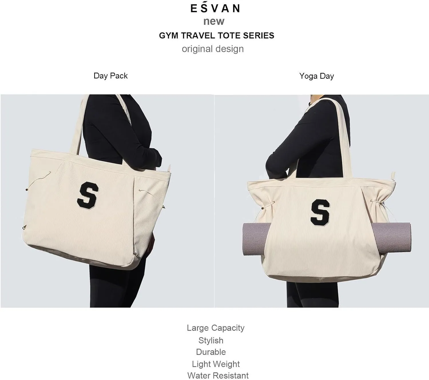ESVAN Corduroy Yoga Tote Bag Gifts for Women Drawstring Yoga Mat Bag for Office Workout Travel Carryall Pilates Gym