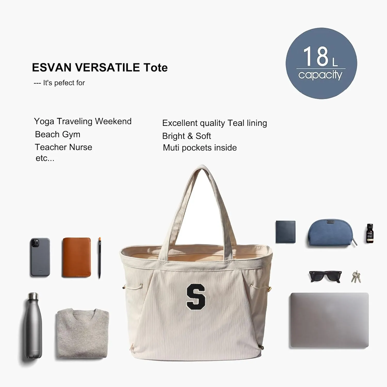 ESVAN Corduroy Yoga Tote Bag Gifts for Women Drawstring Yoga Mat Bag for Office Workout Travel Carryall Pilates Gym