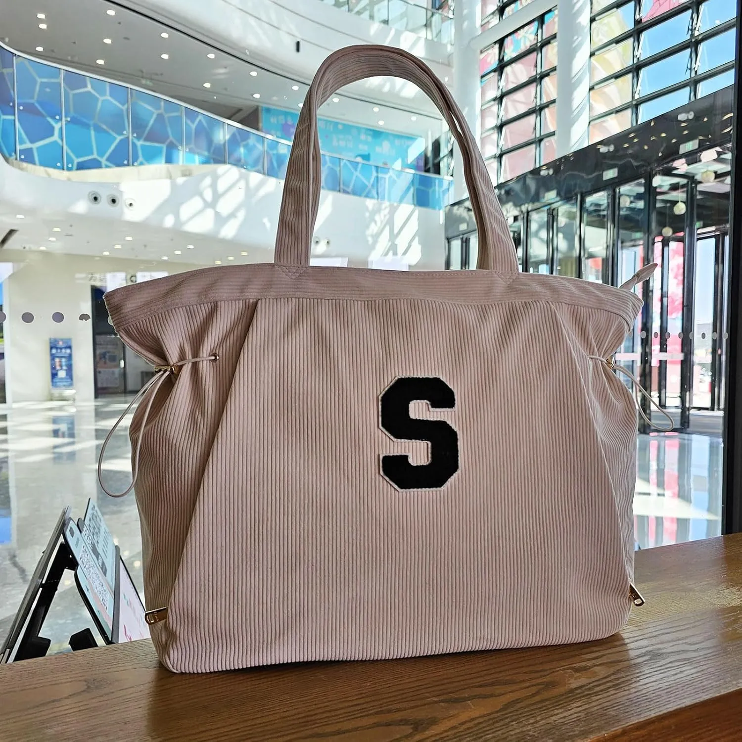 ESVAN Corduroy Yoga Tote Bag Gifts for Women Drawstring Yoga Mat Bag for Office Workout Travel Carryall Pilates Gym