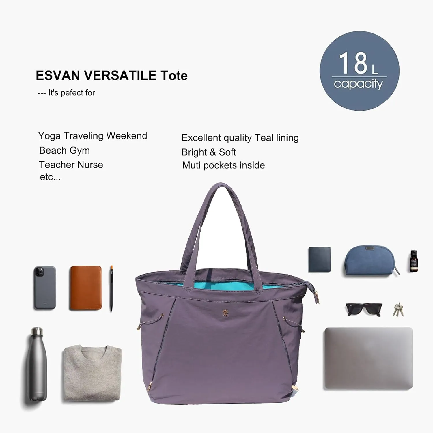 ESVAN Yoga Tote Bag for Women Shoulder Bags Drawstring for Office Workout Travel Carryall Pilates Gym and Beach