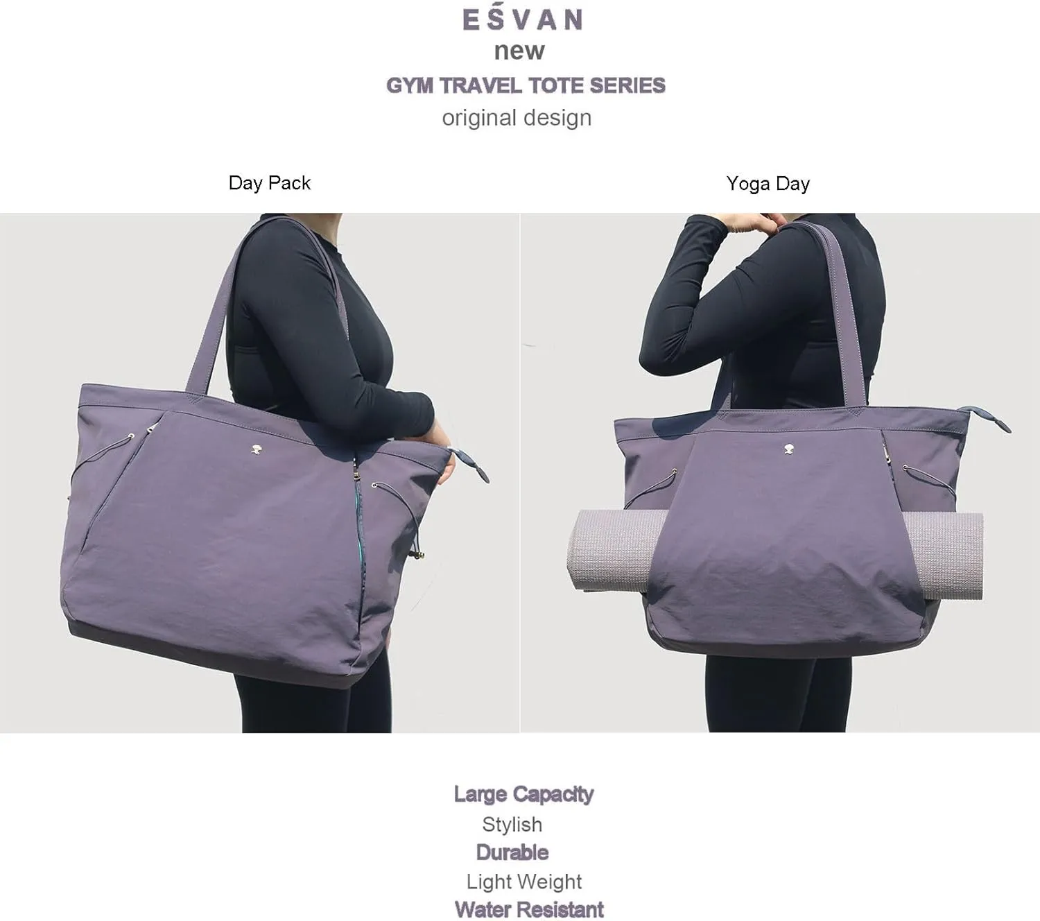 ESVAN Yoga Tote Bag for Women Shoulder Bags Drawstring for Office Workout Travel Carryall Pilates Gym and Beach