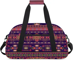 Ethnic Flower Pattern Gym Duffel Bag for Men Women Bohemian Sports Tote Bag with Adjustable Shoulder Strap for Dance Gymnastics Traveling Outdoor Camping Overnight Stay