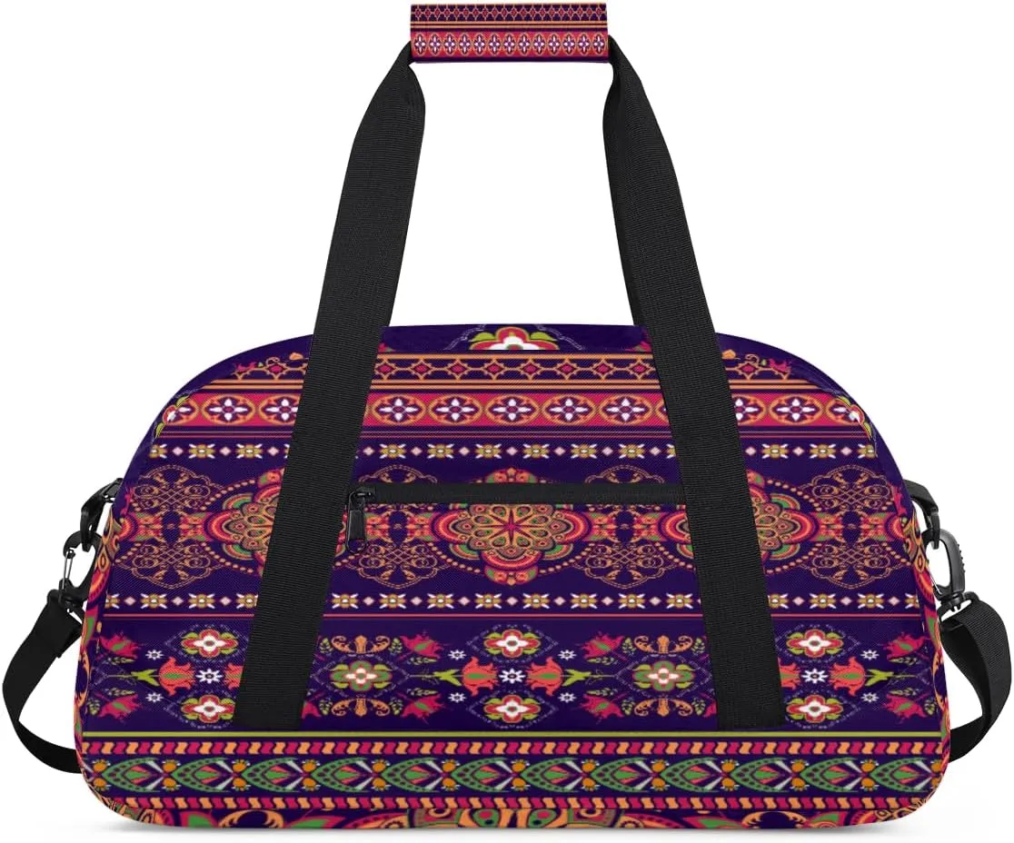 Ethnic Flower Pattern Gym Duffel Bag for Men Women Bohemian Sports Tote Bag with Adjustable Shoulder Strap for Dance Gymnastics Traveling Outdoor Camping Overnight Stay