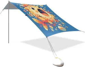 Excited Puffer Fish Dark Blue Beach Tent & Canopy UPF50  Protection Lightweight Large Sun Shelter with Sandbags, Sand Shovel, Poles for Camping, Picnics, Backyard & Fishing